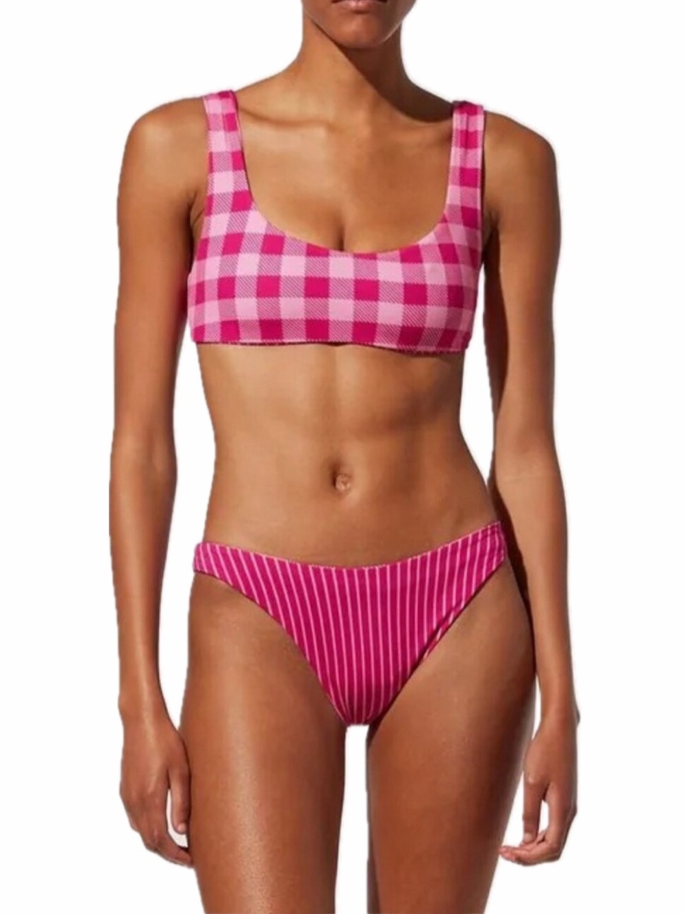 SOLID & STIPED WOMEN S THE ELLE REVERSIBLE TOP IN STRIPE & GINGHAM (ORCHID) NWT
